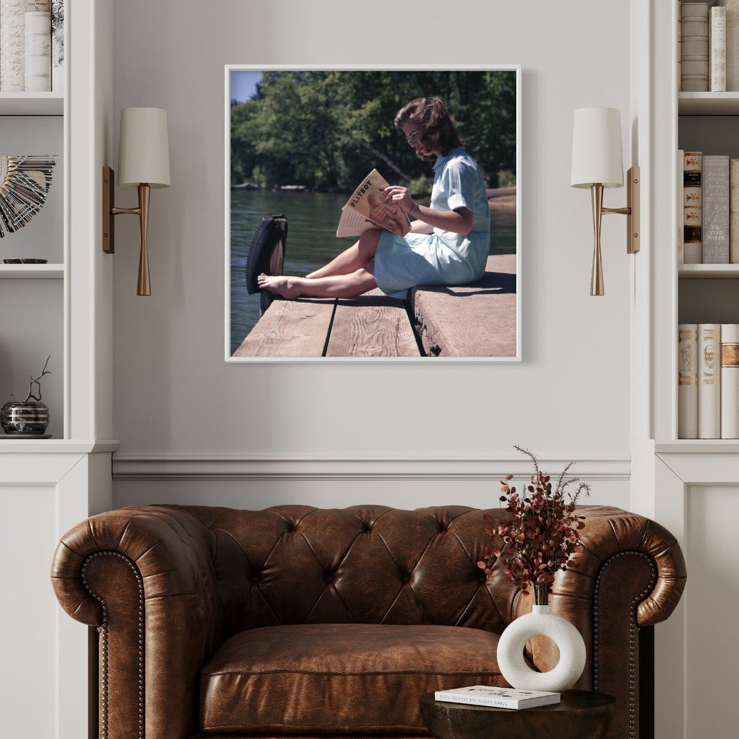 Playful Lakeside vintage photograph displayed in a contemporary living room, fine art print styled by The Picturalist for luxury interiors.
