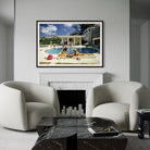Living room with two armchairs, a coffee table, and a framed picture of people by a pool.