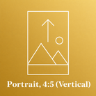 A square graphic with a warm gold background, a white outlined portrait photo frame icon, and the text 'Portrait, 4:5 (Vertical)' at the bottom. The Picturalist, Wall Art and Photography for Designed Interiors. 