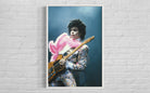 Prince Live at The Forum by Michael Ochs Archives, vibrant concert photograph of Prince performing in pink feathers and sequins, fine art print framed by The Picturalist