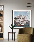 Savioli Spiaggia Hotel, Riccione by Slim Aarons installed in a boutique hotel or resort, enhancing hospitality interiors with iconic Italian coastal photography.