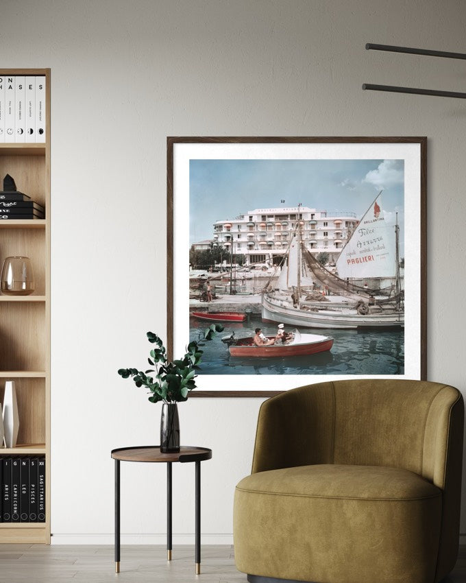 Savioli Spiaggia Hotel, Riccione by Slim Aarons installed in a boutique hotel or resort, enhancing hospitality interiors with iconic Italian coastal photography.