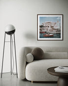 Savioli Spiaggia Hotel, Riccione by Slim Aarons displayed in a sophisticated coastal living room, bringing Mediterranean elegance and designer-grade wall decor to luxury interiors.