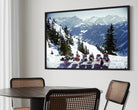 Lounging in Gstaad by Slim Aarons in a refined dining space, enhancing high-end interior design with bespoke art prints and turnkey art solutions.