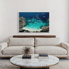 Porto Rotondo by Slim Aarons displayed in a contemporary living room, Chromaluxe metal print styled for luxury residential interiors by The Picturalist.
