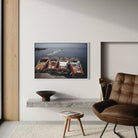 Riva Boats at Hôtel du Cap-Eden-Roc by Slim Aarons shown above a modern bed setting, metal print curated for Mediterranean-inspired interiors by The Picturalist