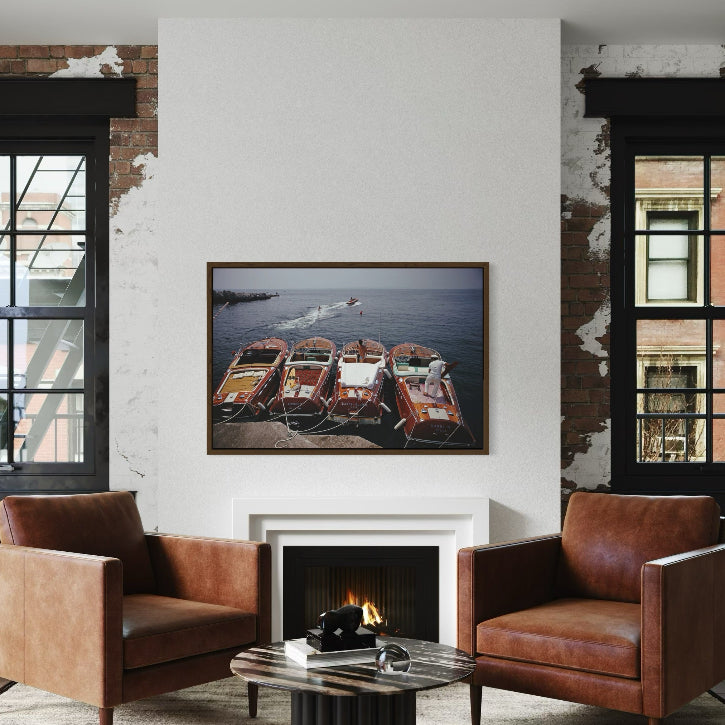 Riva Boats at Hôtel du Cap-Eden-Roc by Slim Aarons displayed in a hospitality dining setting, luxury metal print styled for boutique hotels and resort interiors by The Picturalist.