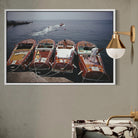Riva Boats at Hôtel du Cap-Eden-Roc by Slim Aarons displayed in a hospitality dining setting, luxury metal print styled for boutique hotels and resort interiors by The Picturalist.