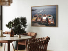 Riva Boats at Hôtel du Cap-Eden-Roc by Slim Aarons displayed in a hospitality dining setting, luxury metal print styled for boutique hotels and resort interiors by The Picturalist.