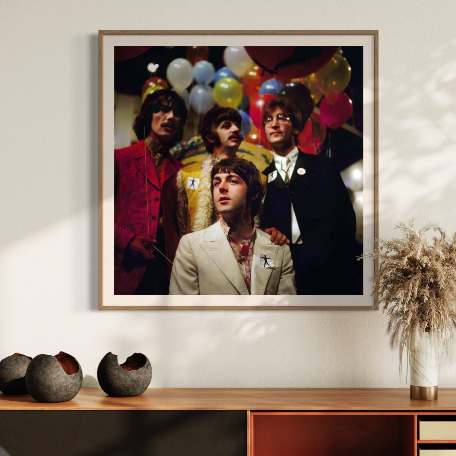 All You Need Is Love by BIPS-Stringer, color photograph of The Beatles surrounded by balloons, fine art print from Getty Images Gallery framed by The Picturalist