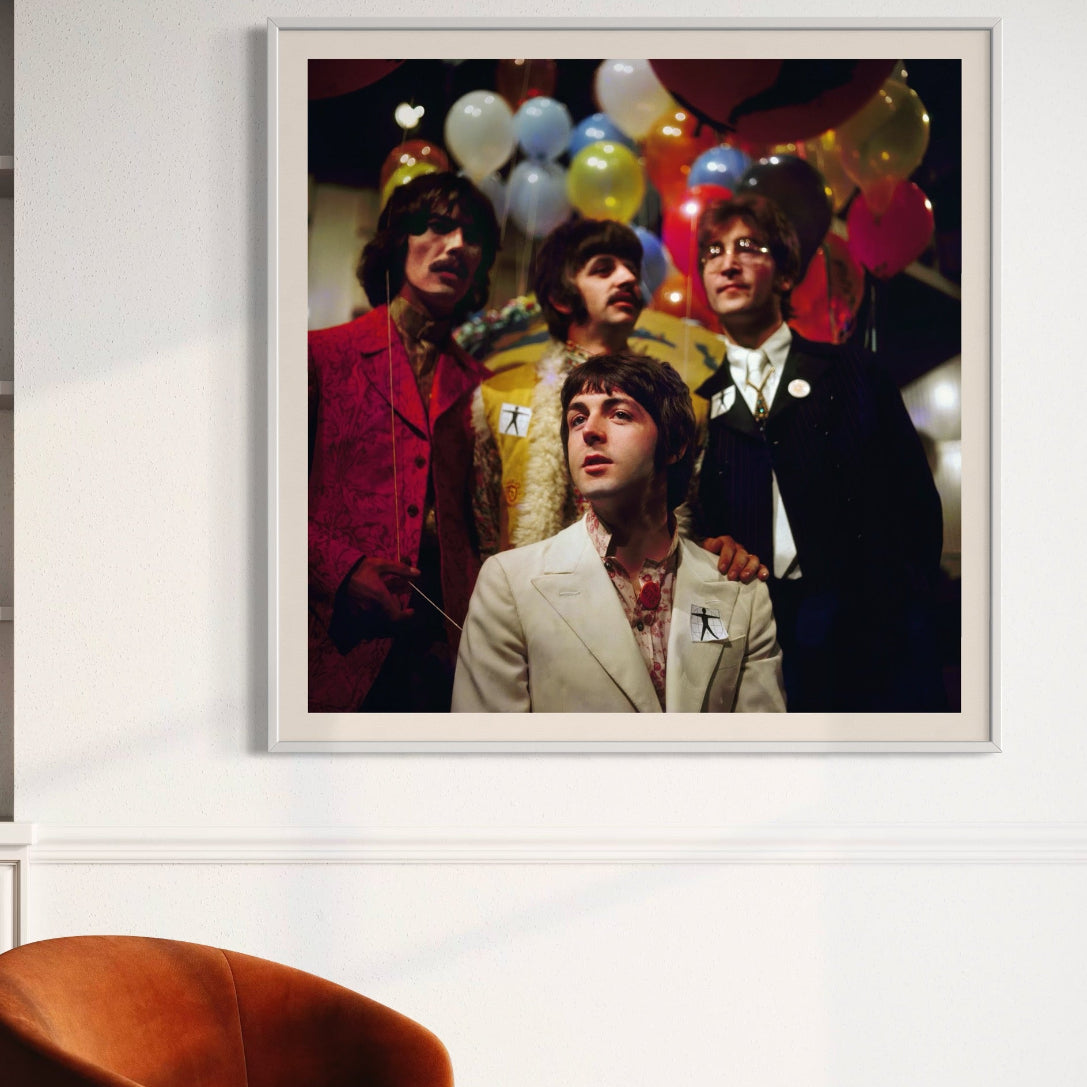 All You Need Is Love by BIPS-Stringer, color photograph of The Beatles surrounded by balloons, fine art print from Getty Images Gallery framed by The Picturalist