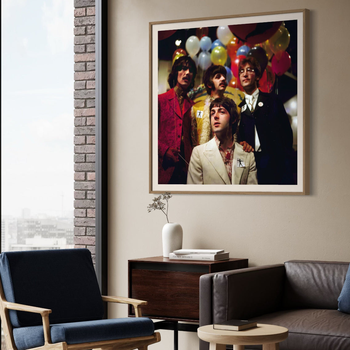 Framed artwork of a band with balloons in a living room setting.