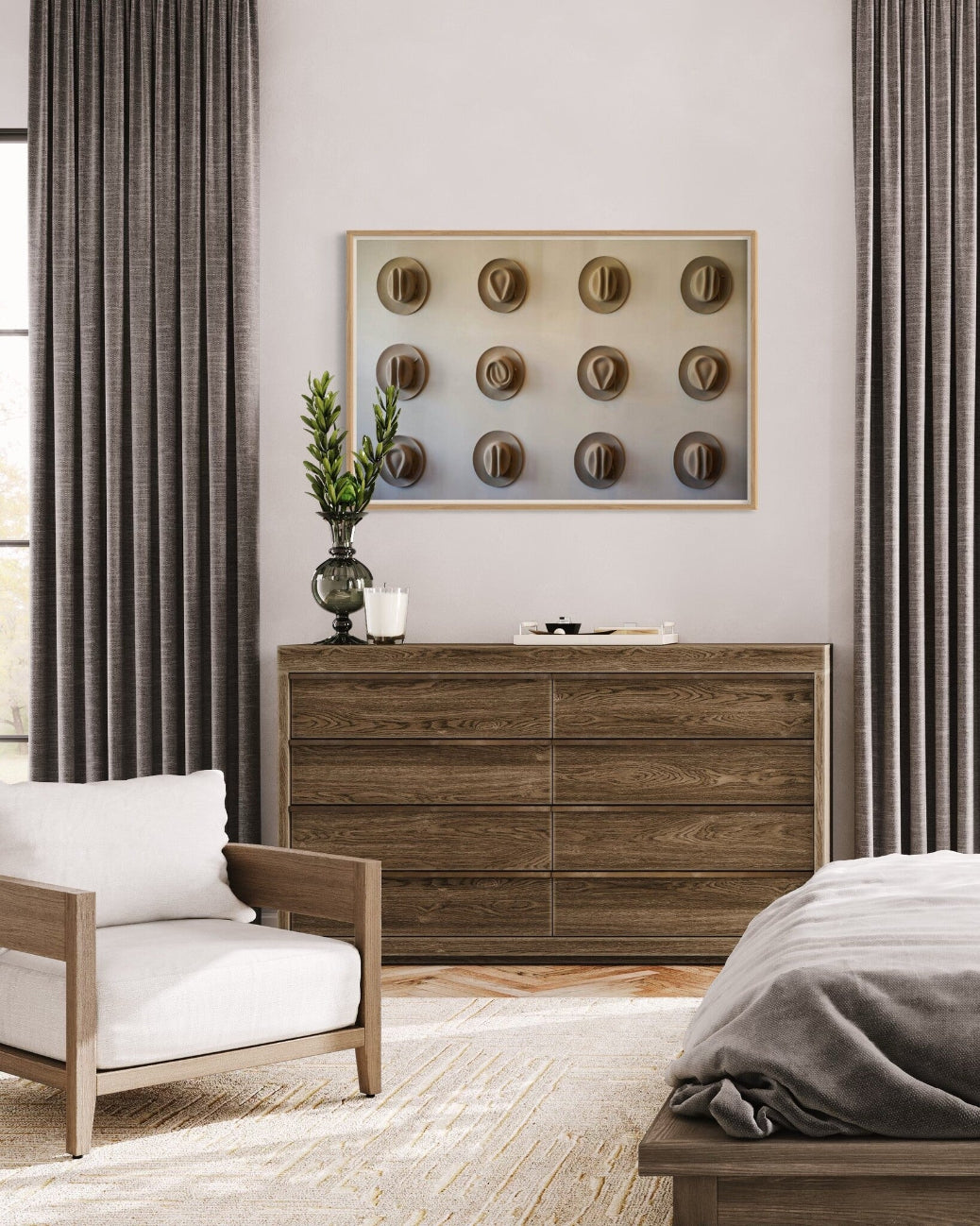Twelve Hats of the Frontier shown above a bedroom setting, framed Modern Americana artwork curated by The Picturalist.