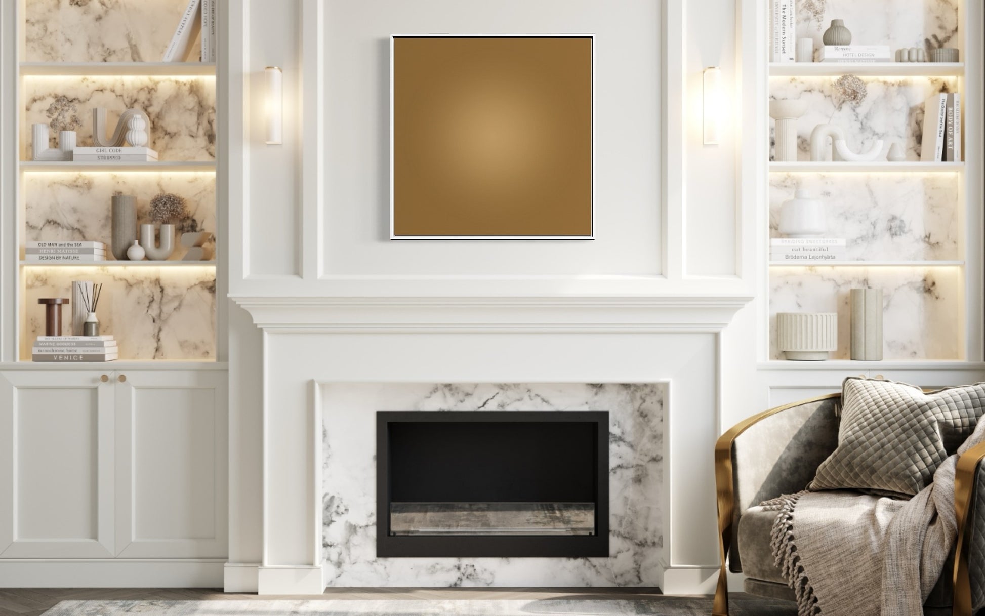 Caramel Halo by Alejandro Franseschini, circular abstract artwork printed on metal, available matte or glossy, framed or frameless from The Picturalist