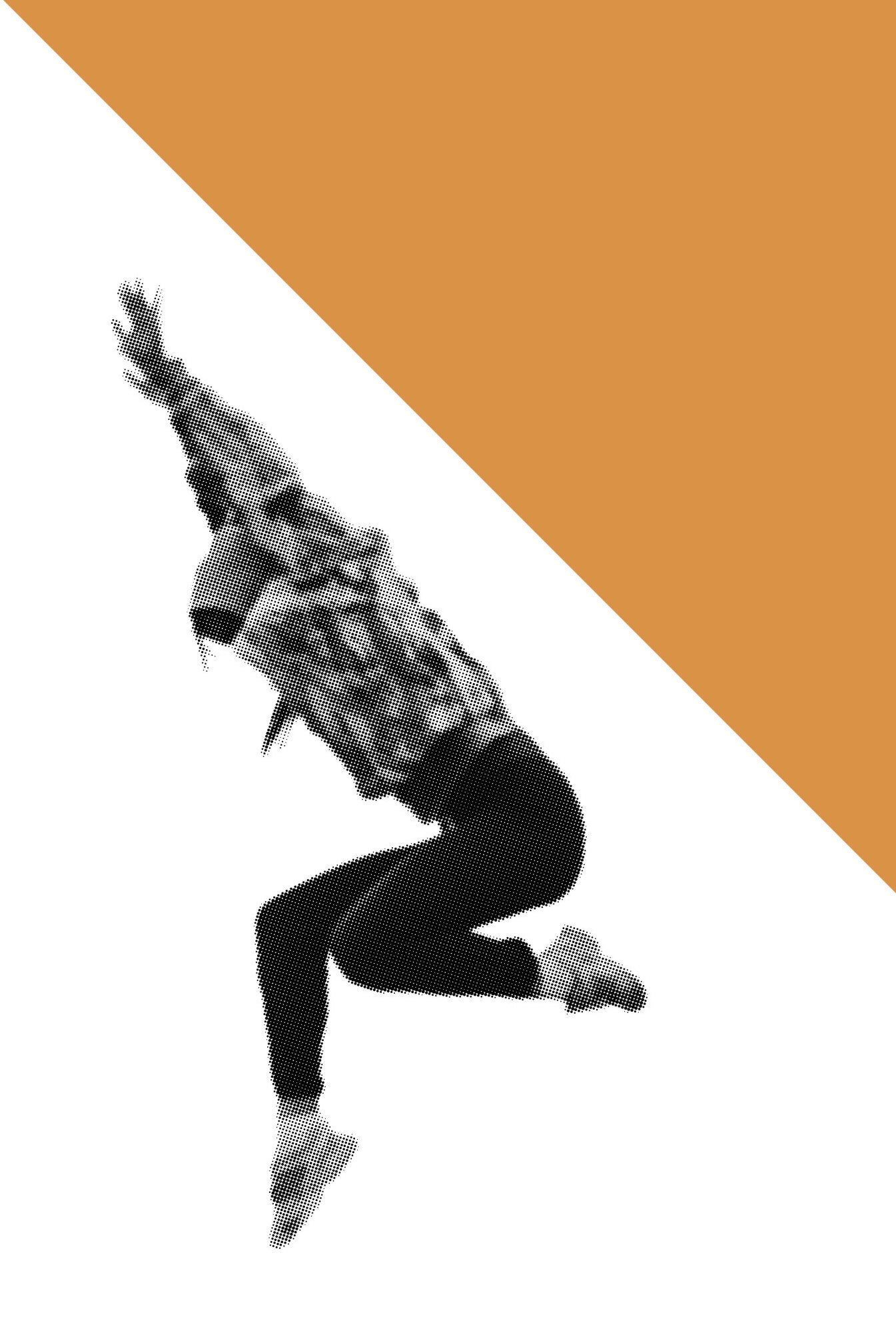 A black and white image of an artistically rendered person in a dynamic pose against an orange and white background, representing movement and modernity.
