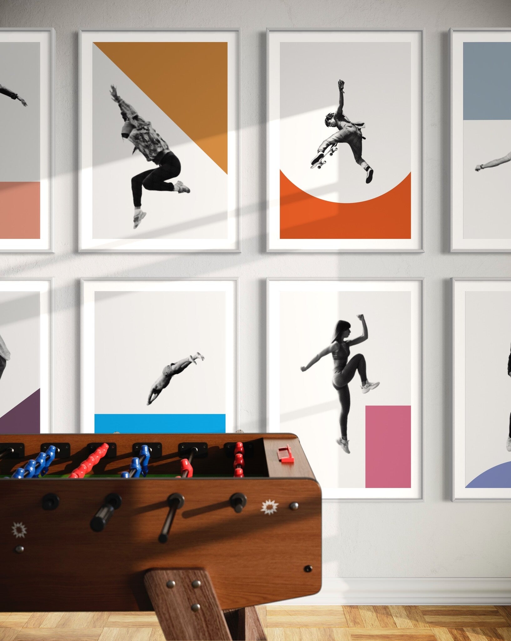 Modern pop-art inspired artwork, geometric composition, athletic figure