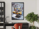Framed artwork of a race car scene on a wall above a desk with a plant and lamp.