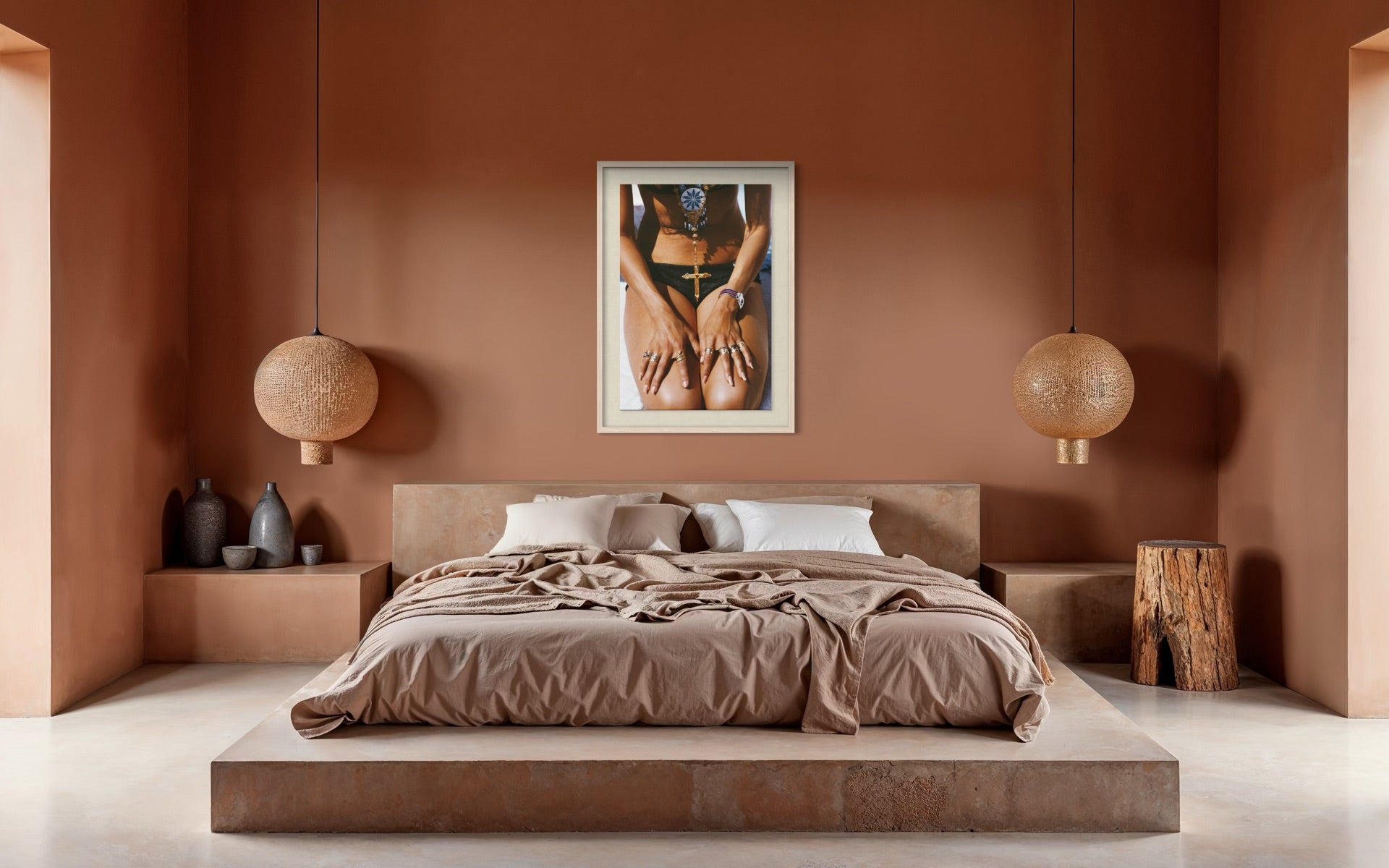 A modern bedroom with a low platform bed, brown bedding, and a terracotta-colored wall featuring a framed art print of a person's torso. Two spherical pendant lights hang on either side of the bed.