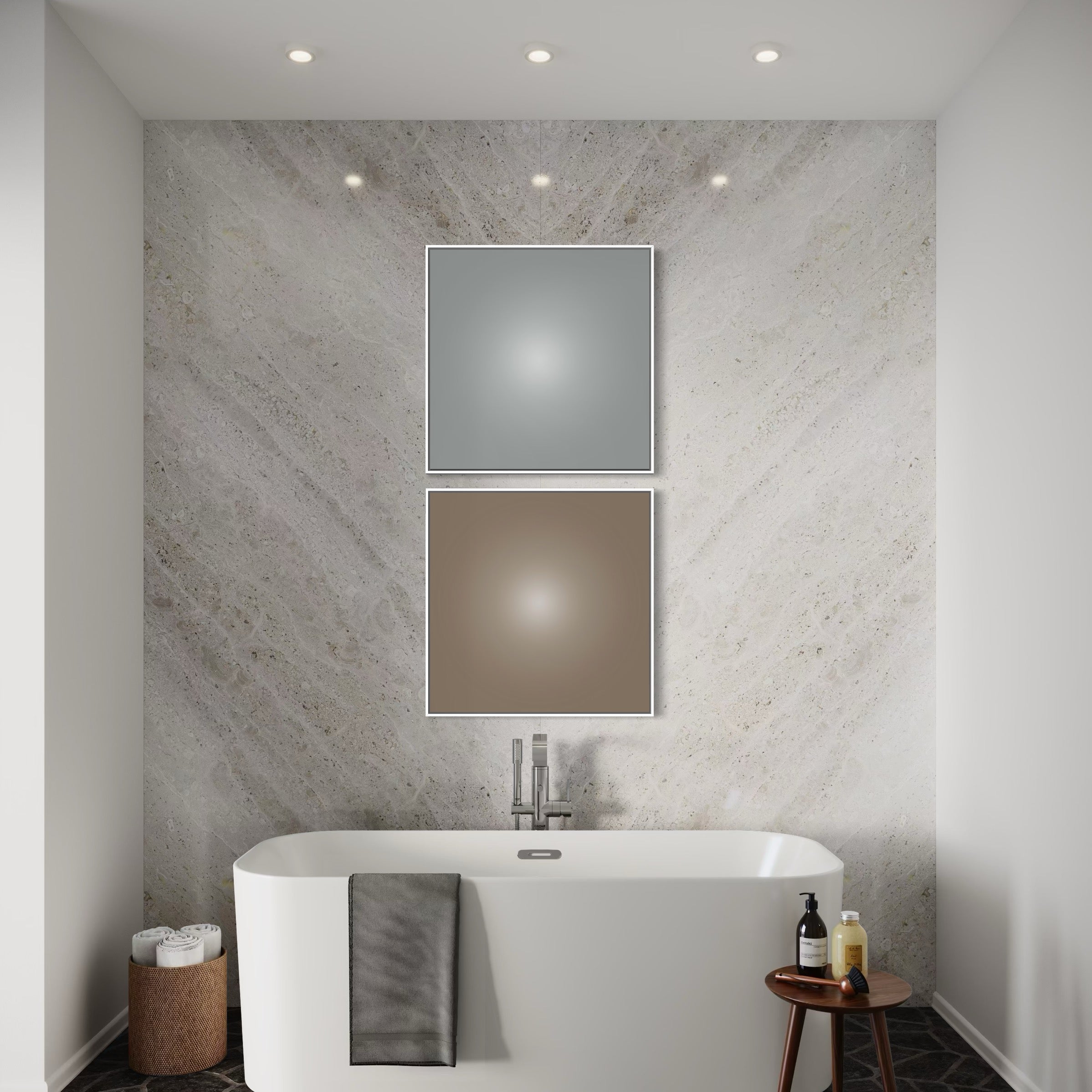 Contemporary artwork for hotels, offices, and residential interior in a modern bathroom with marble wall, freestanding bathtub, and small table with items.
