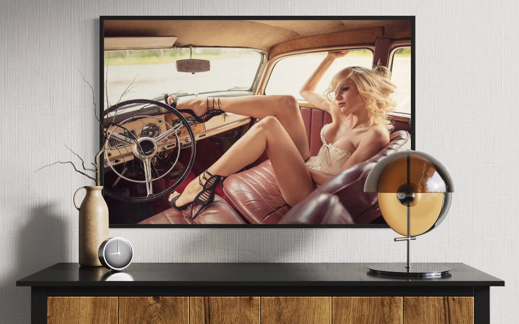 Fashion Model in Vintage Car by Miljko displayed in a modern living room interior