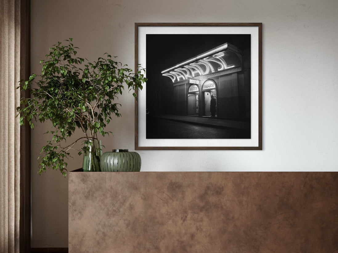 Framed black and white artwork on a wall with a plant and decorative items below.