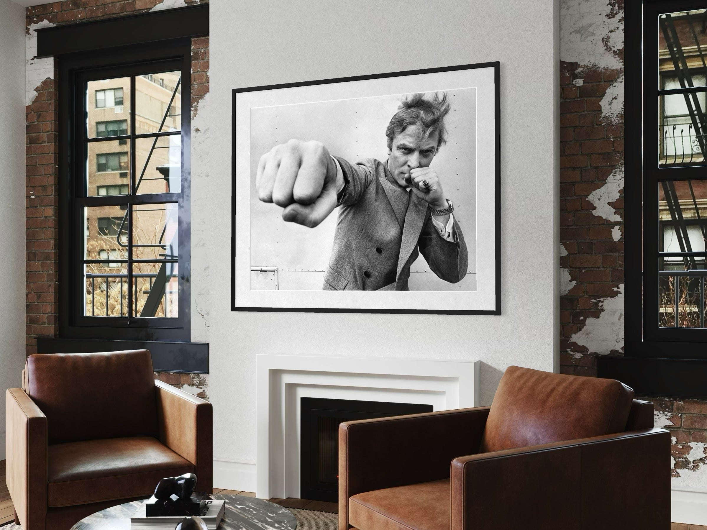 Michael Caine Throwing A Punch by Stephan C. Archetti, Getty Images Gallery black and white portrait, fine-art print framed by The Picturalist