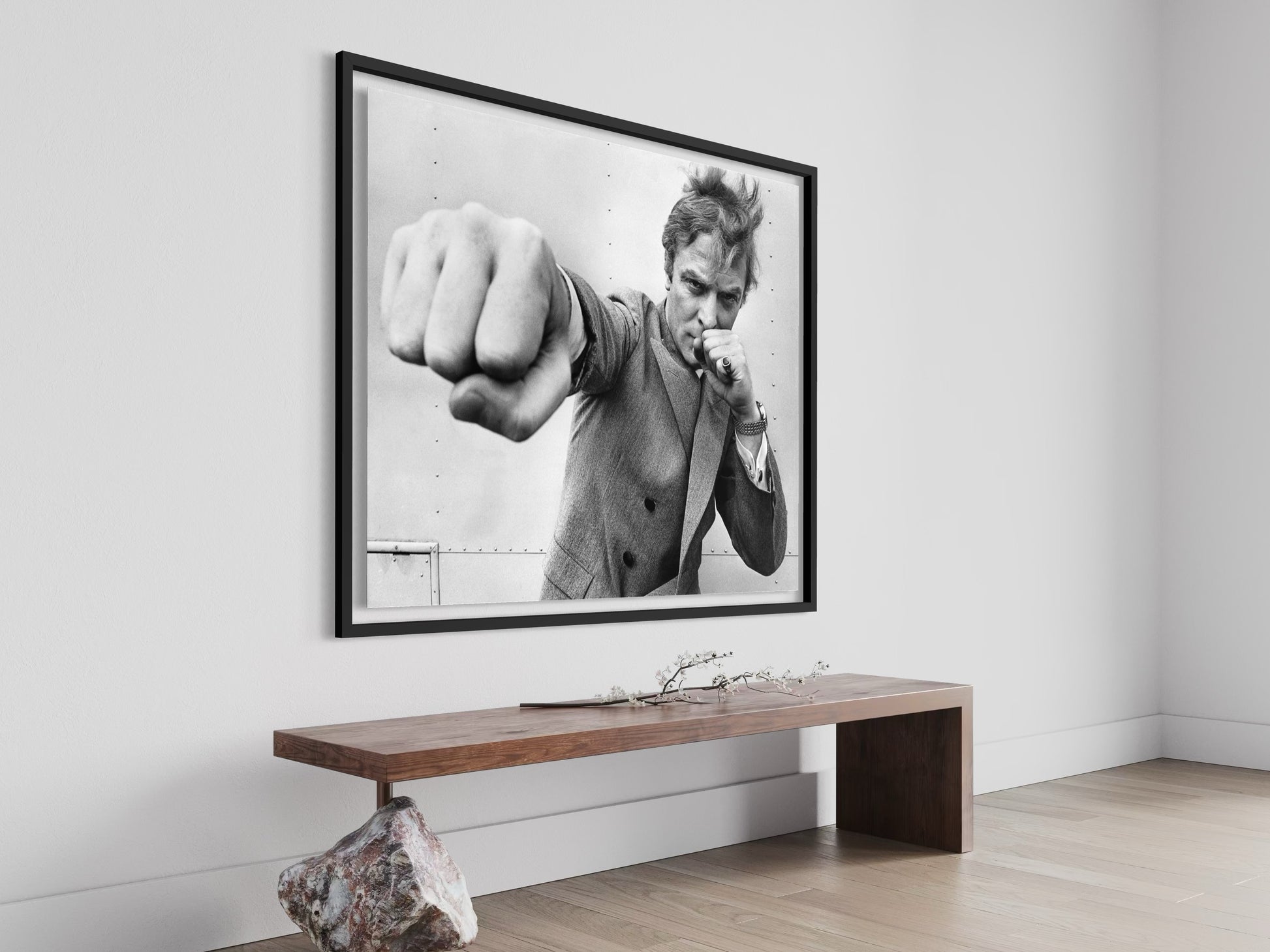 Michael Caine Throwing A Punch by Stephan C. Archetti, Getty Images Gallery black and white portrait, fine-art print framed by The Picturalist