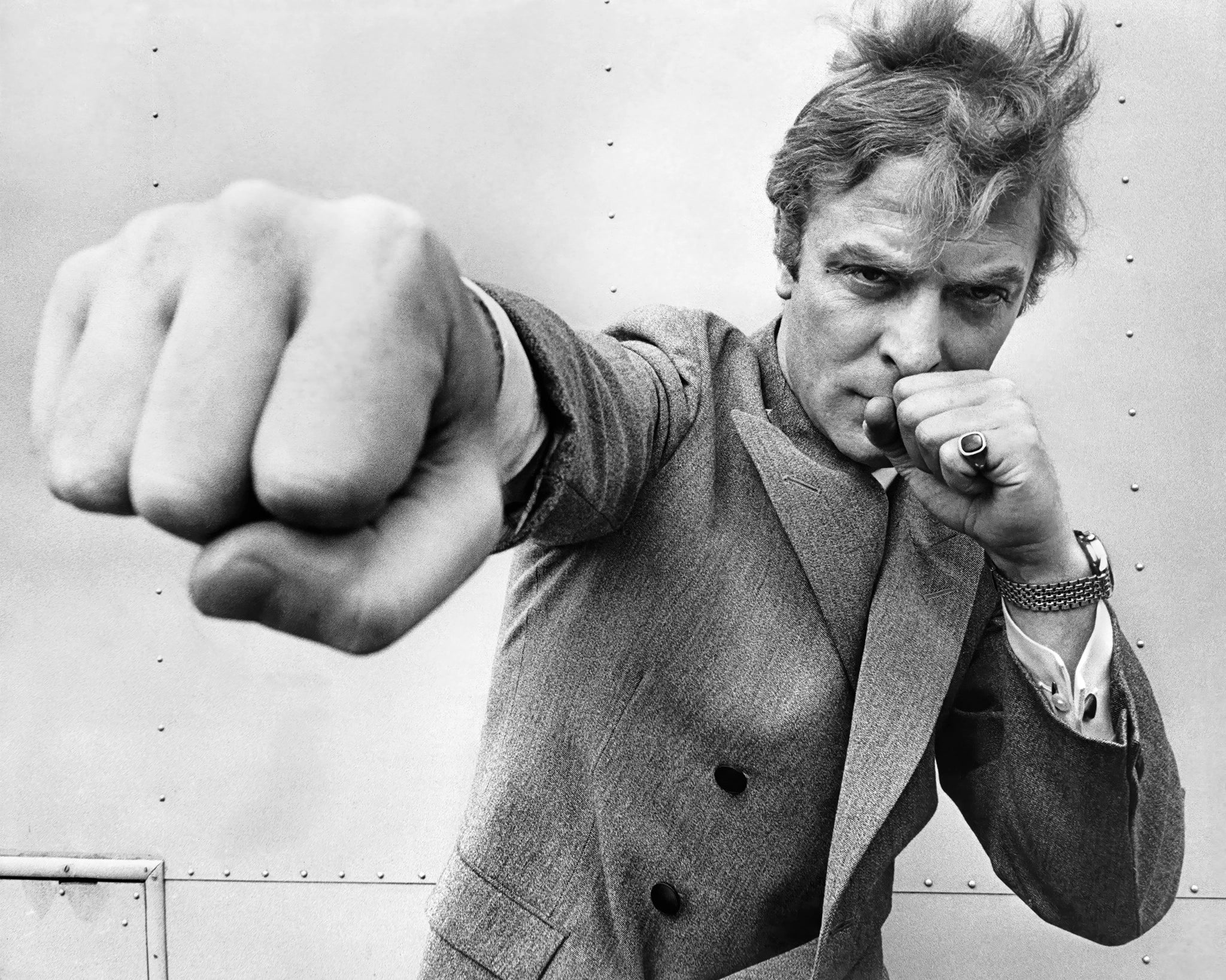 Michael Caine Throwing A Punch by Stephan C. Archetti, Getty Images Gallery black and white portrait, fine-art print framed by The Picturalist