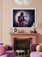 Living room with pink walls, purple armchairs, and a framed artwork above a fireplace.