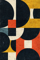 An abstract geometric art print featuring overlapping circles, semicircles, and rectangles in navy, mustard yellow, terracotta orange, cream, and a small muted blue-gray shape on a textured off-white background.