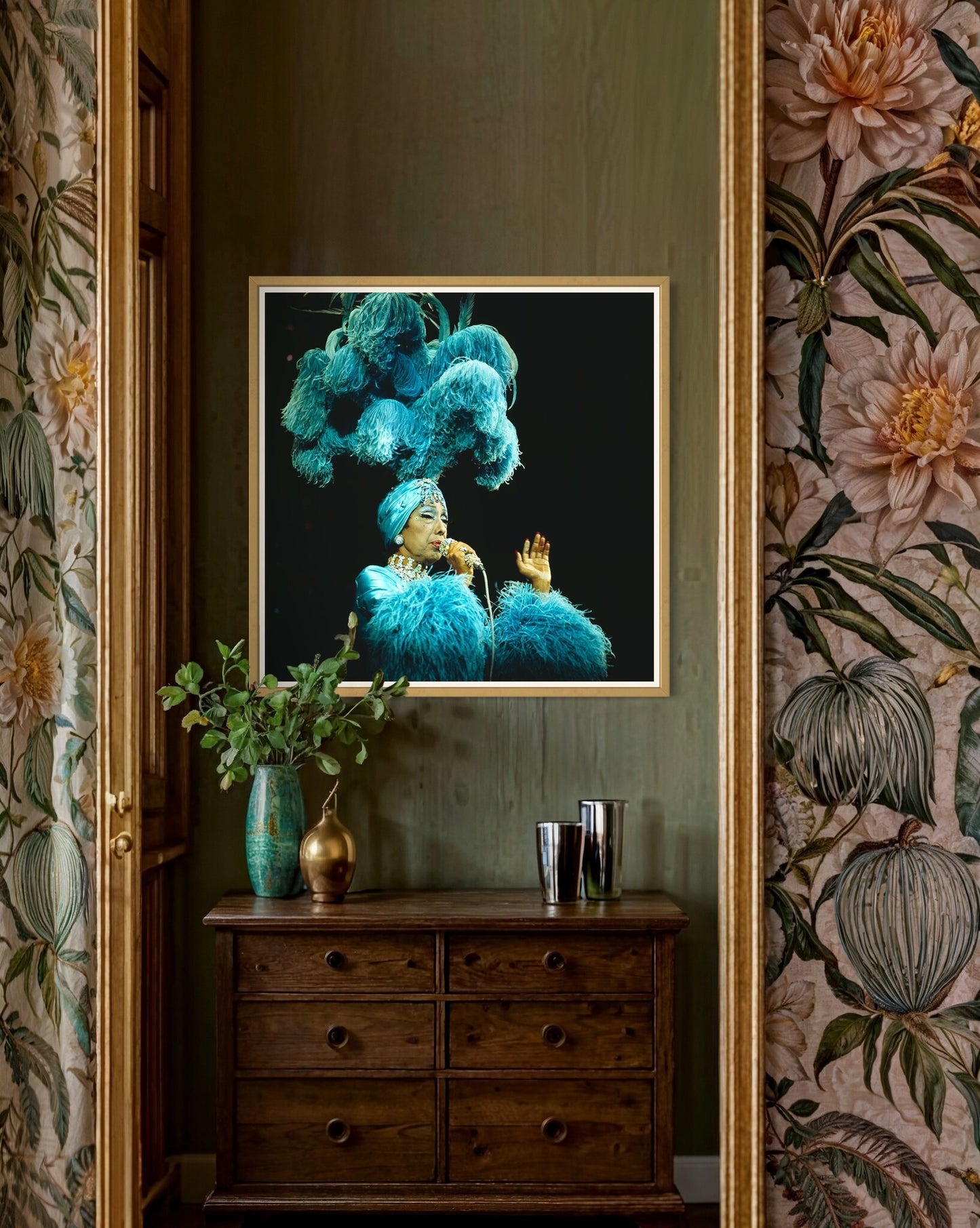 Josephine Baker performing on stage captured by David Redfern for Getty Images, on a green background