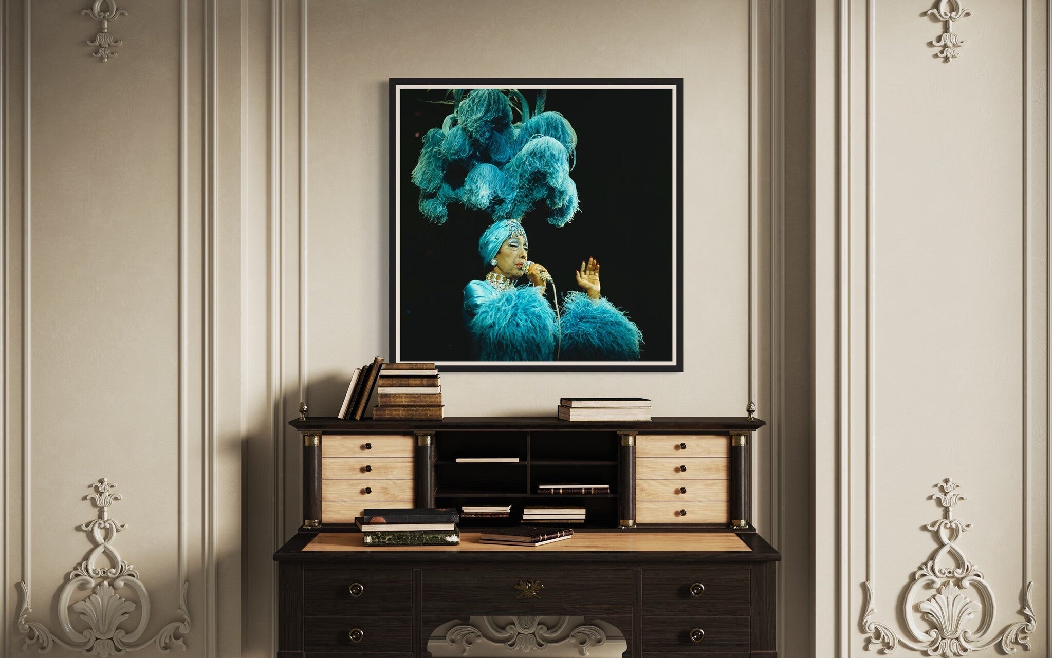 Luxury décor piece – Josephine Baker vintage performance photograph framed and styled over a classic desk
