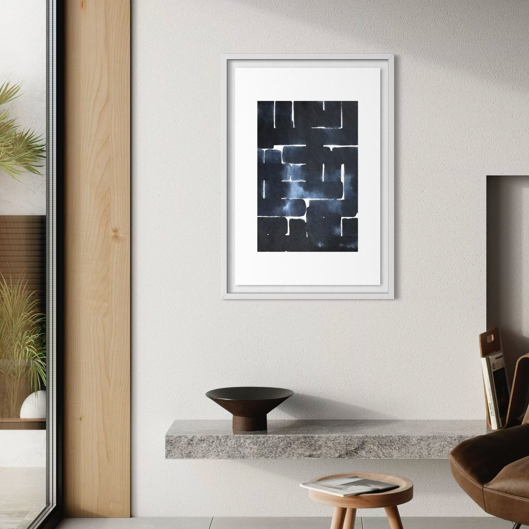 Mind Architecture by Marie Adeline above a bed in a calm neutral bedroom, perfect for curated art for hotels, exclusive art prints, and refined hospitality environments.