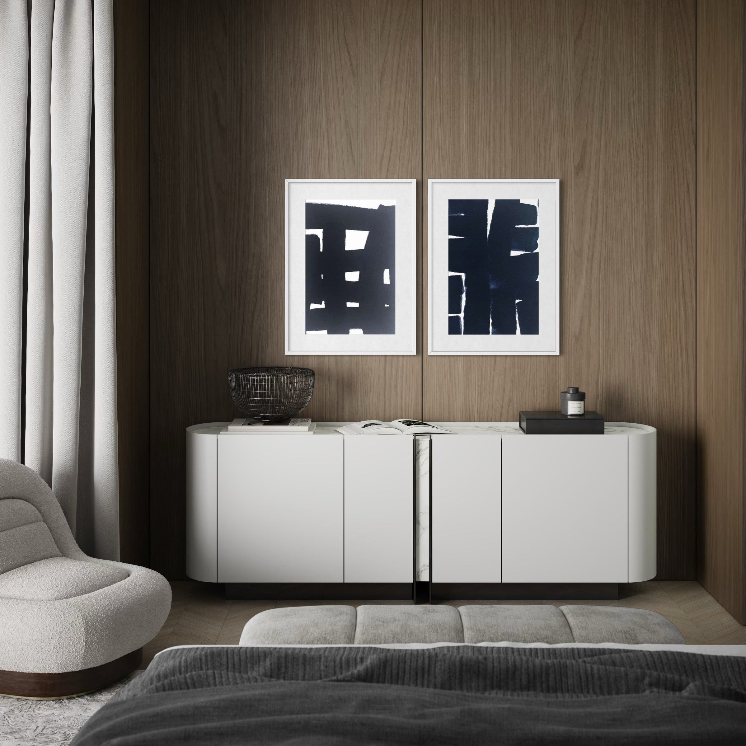 Mind Framework by Marie Adeline above a modern bed, soft contemporary palette offering designer-grade wall decor for residential interiors by The Picturalist