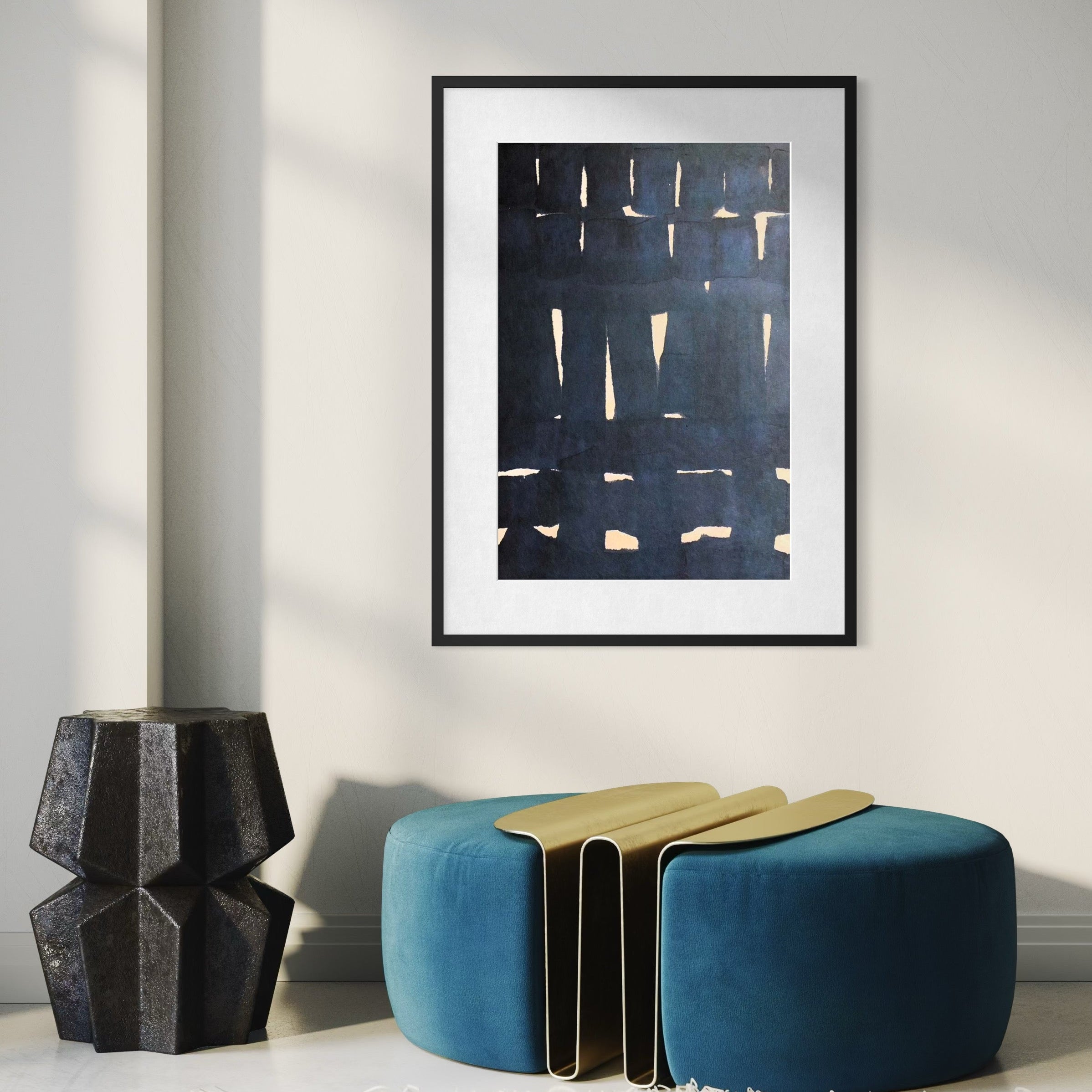 Perceptual Shift by Marie Adeline shown in a boutique hotel lounge, providing framed art for hospitality and aesthetic solutions for hospitality designers.