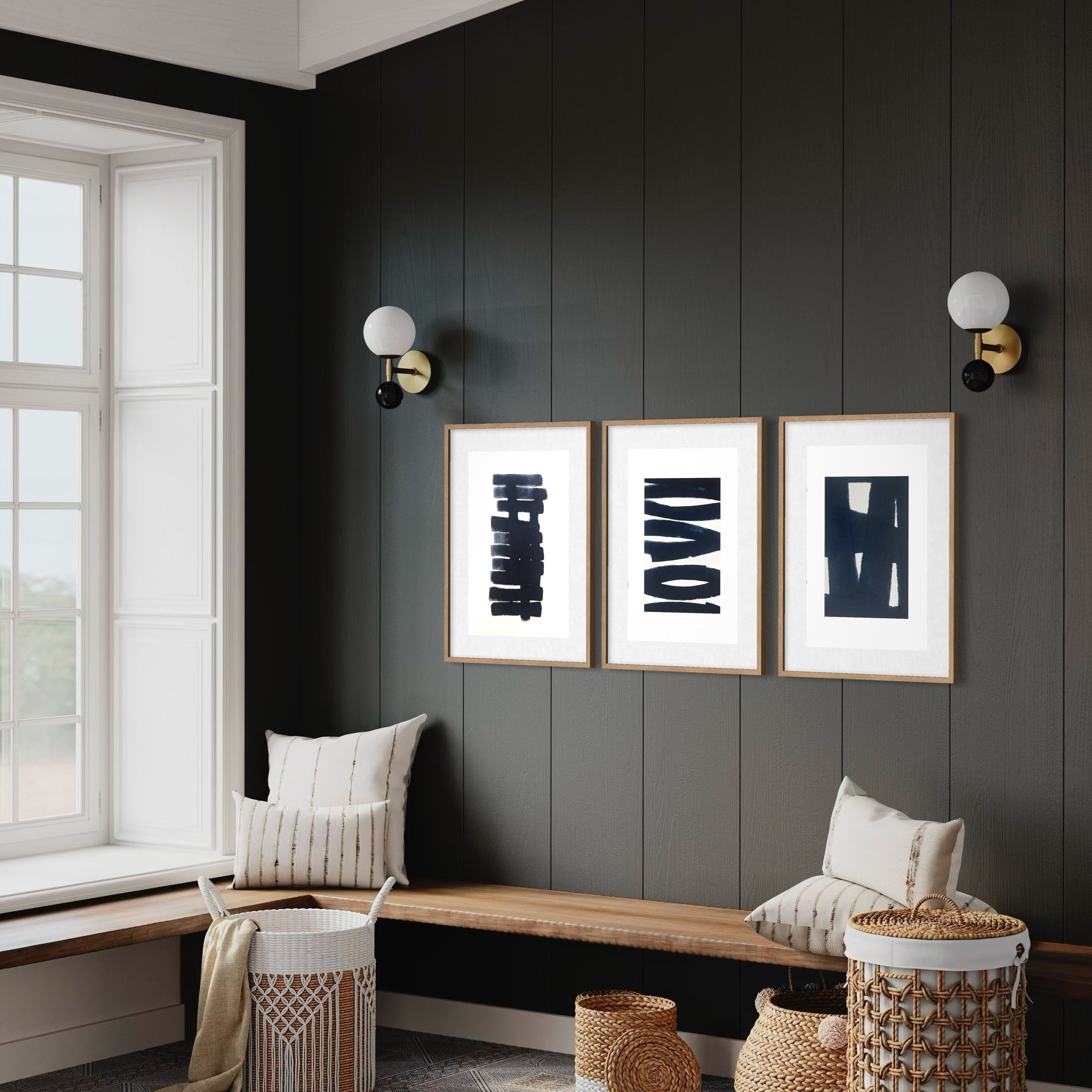 Modern interior with dark paneled walls, a wooden bench, and decorative items.