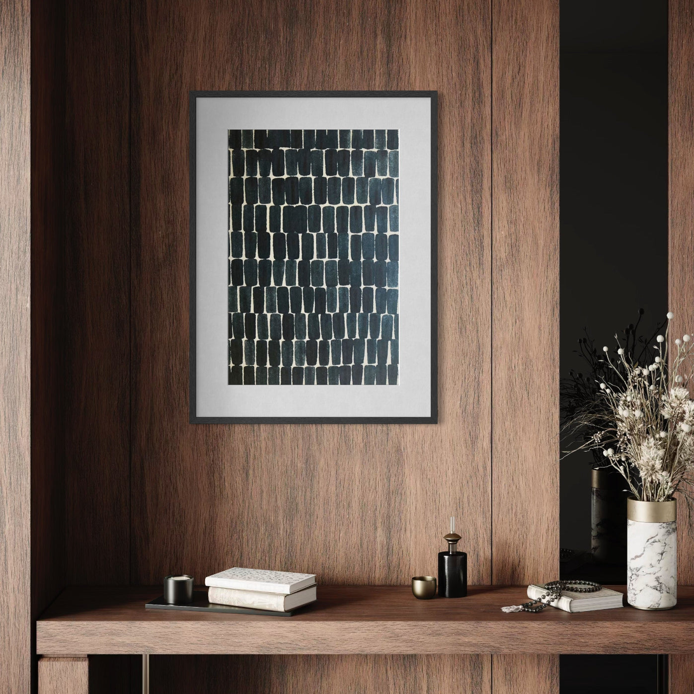 Thought Sequence by Marie Adeline featured in a minimalist hallway gallery wall, ideal for real estate staging art and curated art collections for upscale properties.