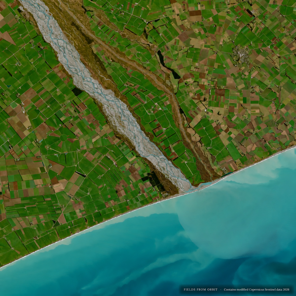 Paul Laffin The Canterbury Braid No. 1 satellite artwork of New Zealand’s braided Rakaia River and turquoise coast.