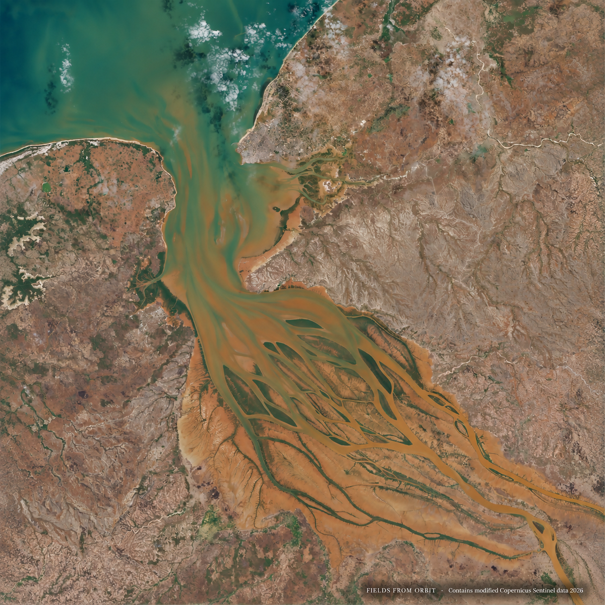 Satellite view of a river delta and adjacent coastline, showing turquoise water meeting brown and tan land with branching channels and sediment patterns.