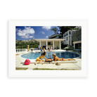 Illustrative matte-white framed preview with white inner border of Poolside Backgammon by Slim Aarons. Proportions vary by size.