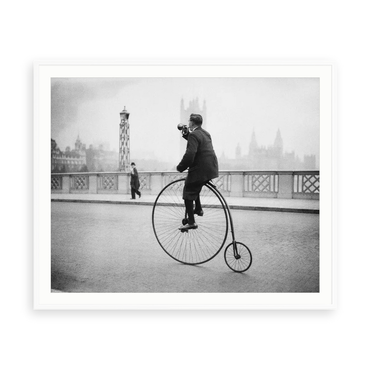 Penny Farthing Bugle by Fox Photos — illustrative matte-white framed paper print with white mat; proportions vary by size.