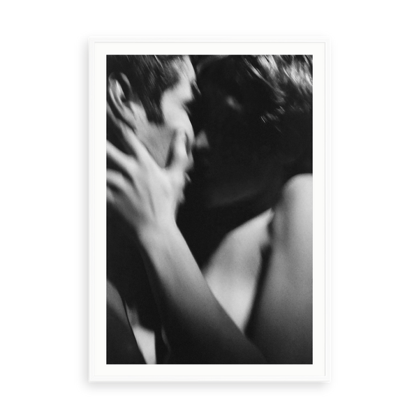 Couple Hugging by Marin — illustrative matte-white framed paper print with white mat; proportions vary by size.
