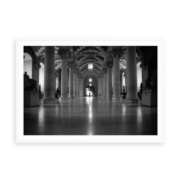 Lost Inside The Louvre by Tal Paz-Fridman — illustrative matte-white framed paper print with white mat; proportions vary by size.