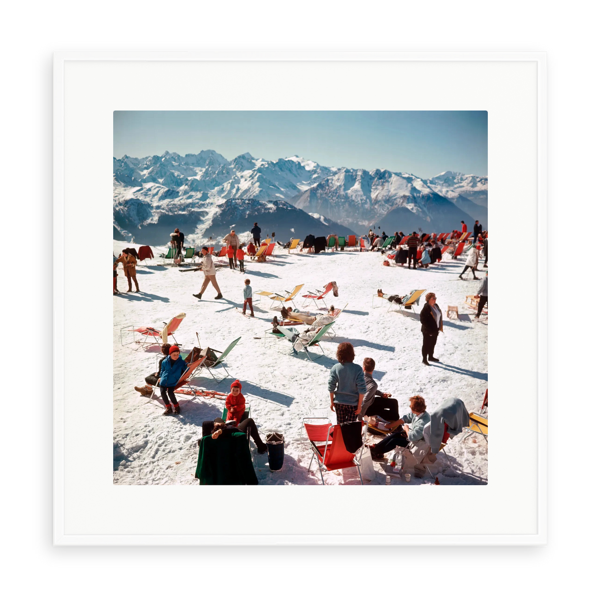 Illustrative matte-white framed preview with white inner border of Verbier Vacation by Slim Aarons. Proportions vary by size.