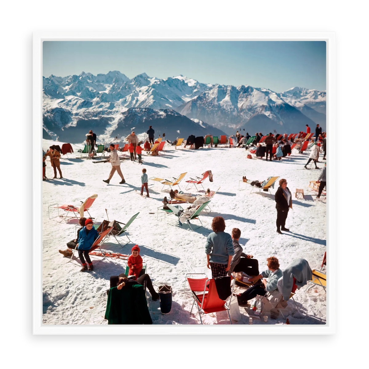 Illustrative white-floater framed preview of Verbier Vacation by Slim Aarons on metal; no added mat. Proportions vary by size.