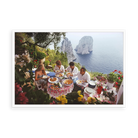 Illustrative matte-white floater-framed preview, without added mat, of Dining Al Fresco on Capri by Slim Aarons. Proportions vary by size.