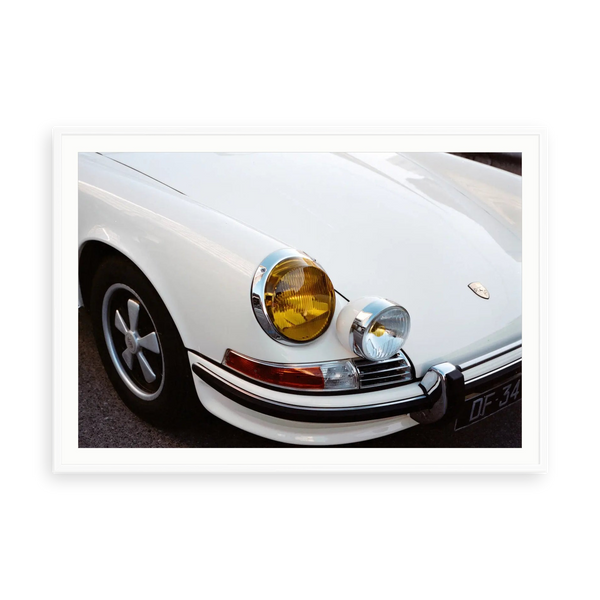 Yellow Eyes - Porsche 911 — illustrative matte-white framed paper print with white mat; proportions vary by size.