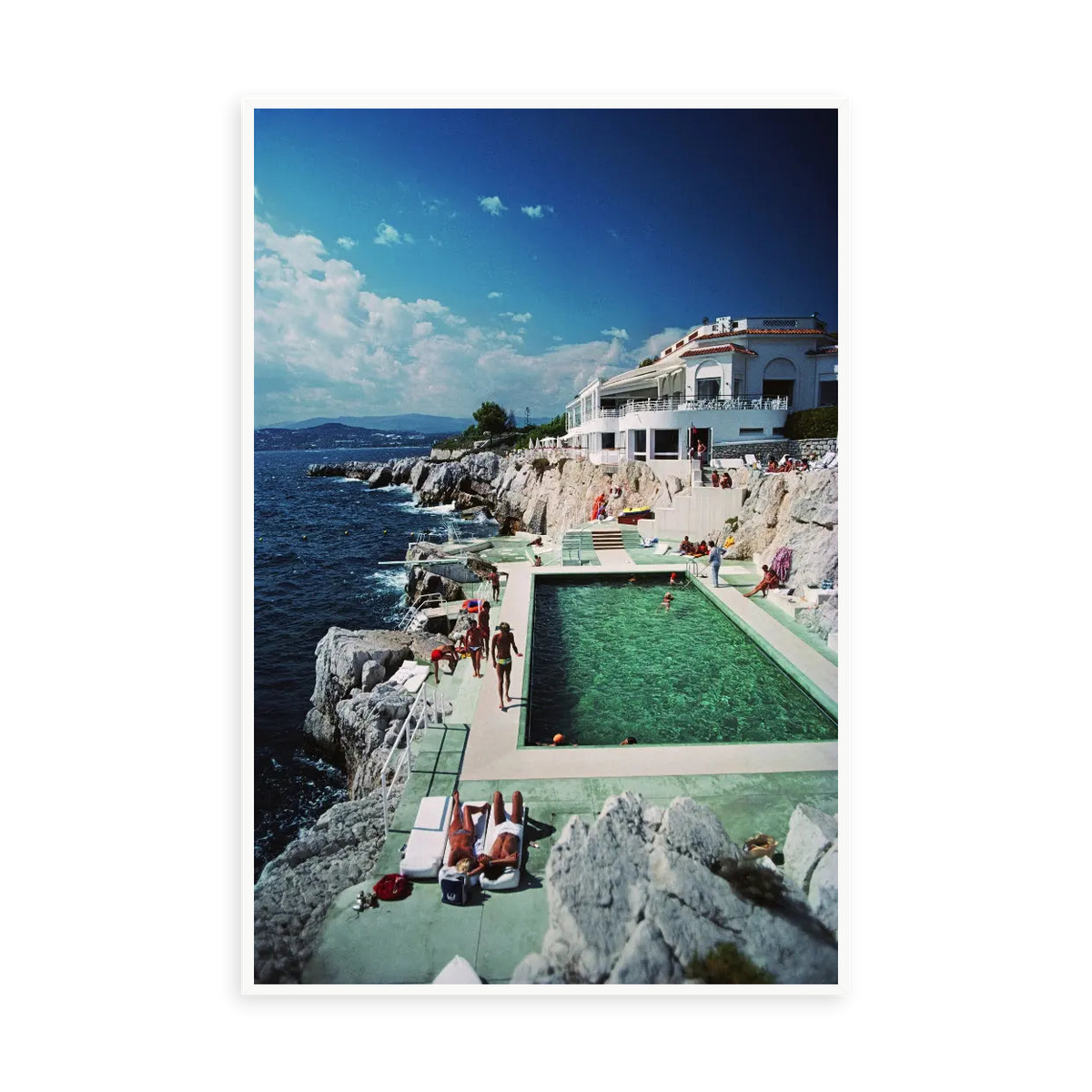 Eden-Roc Pool by Slim Aarons — illustrative narrow matte-white framed metal print, no added mat.
