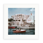 Illustrative matte-white framed preview with white inner border of Savioli Spiaggia Hotel Riccione by Slim Aarons. Proportions vary by size.