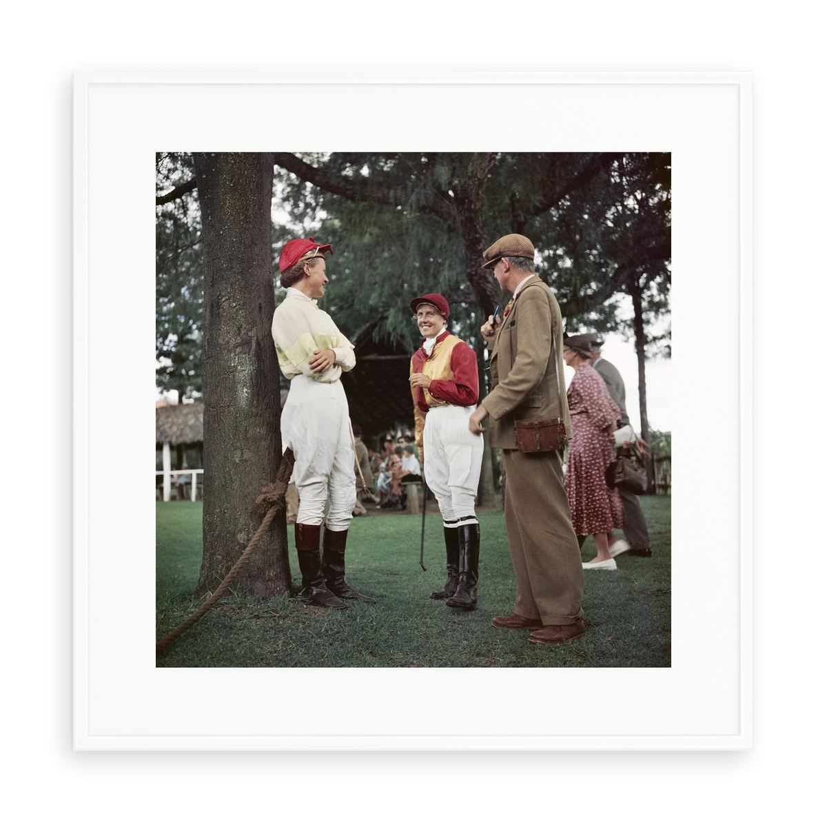 Illustrative matte-white framed preview with white inner border of Race Meeting Kenya by Slim Aarons. Proportions vary by size.